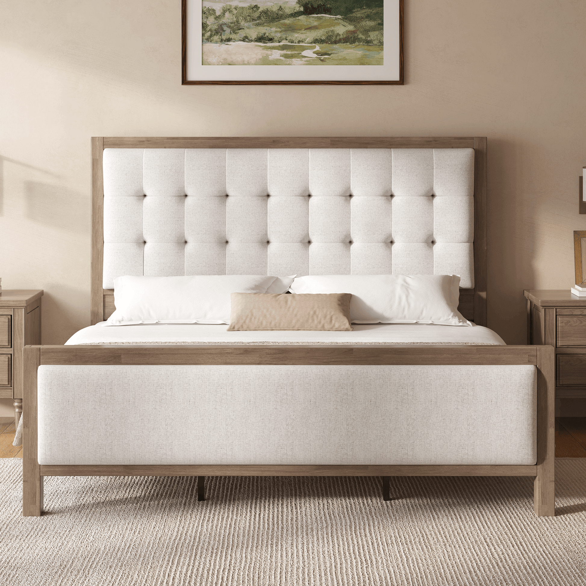 Heritage Mid-Century Solid Wood Upholstered Bed - F-GREY