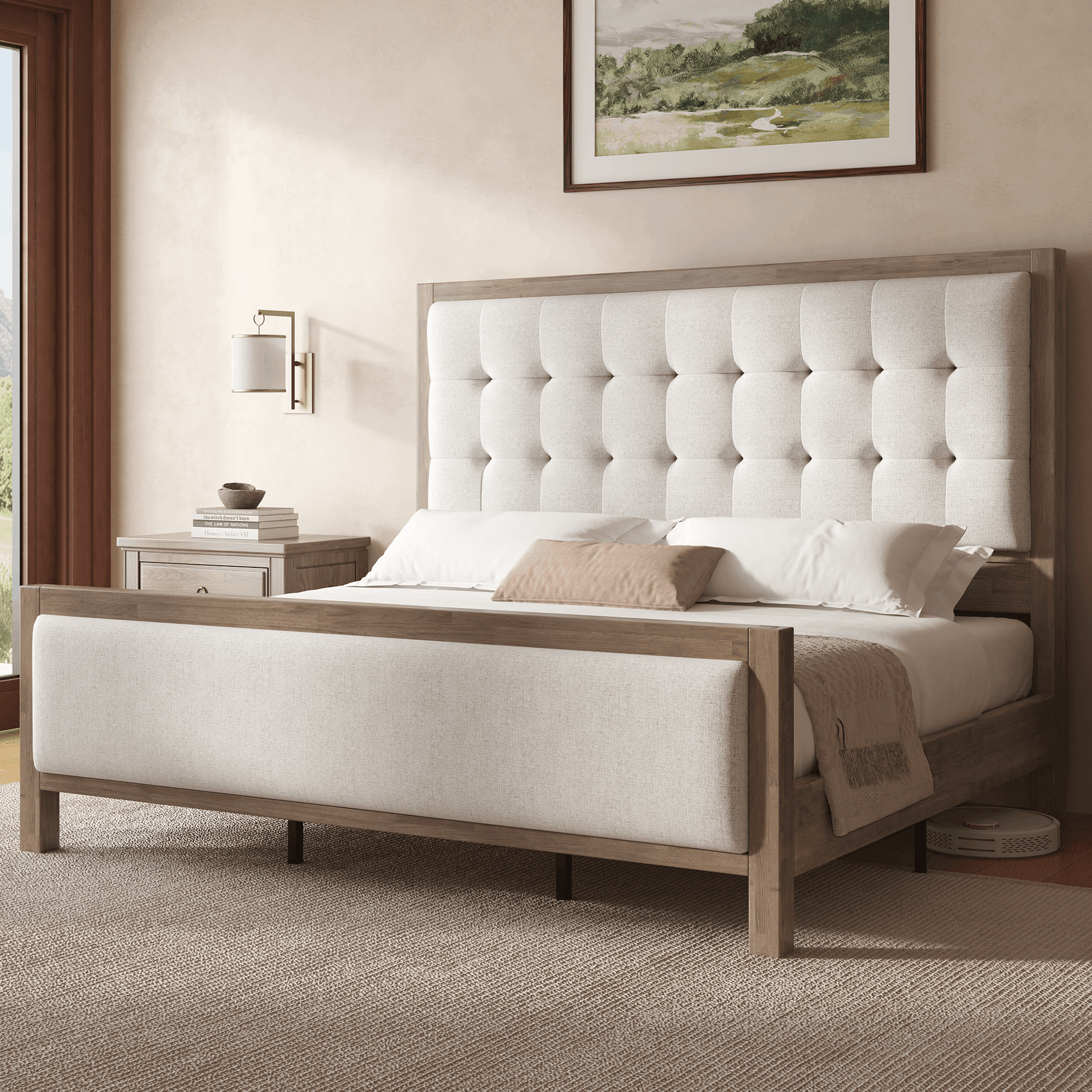 Heritage Mid-Century Solid Wood Upholstered Bed - F-GREY