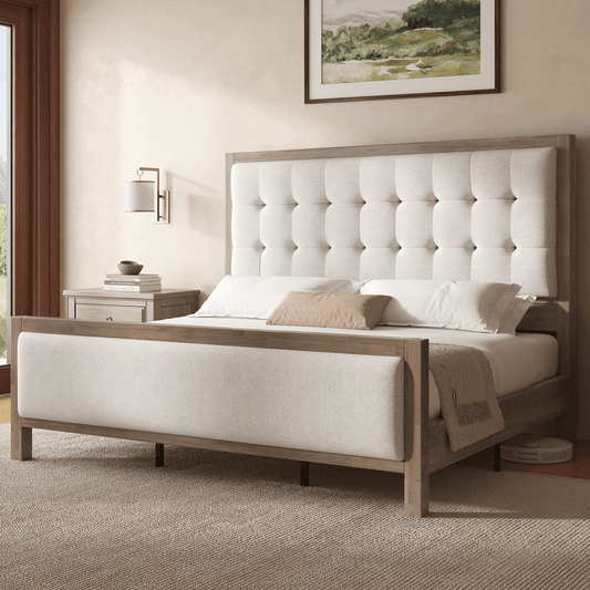 Heritage Mid-Century Solid Wood Upholstered Bed - F-GREY