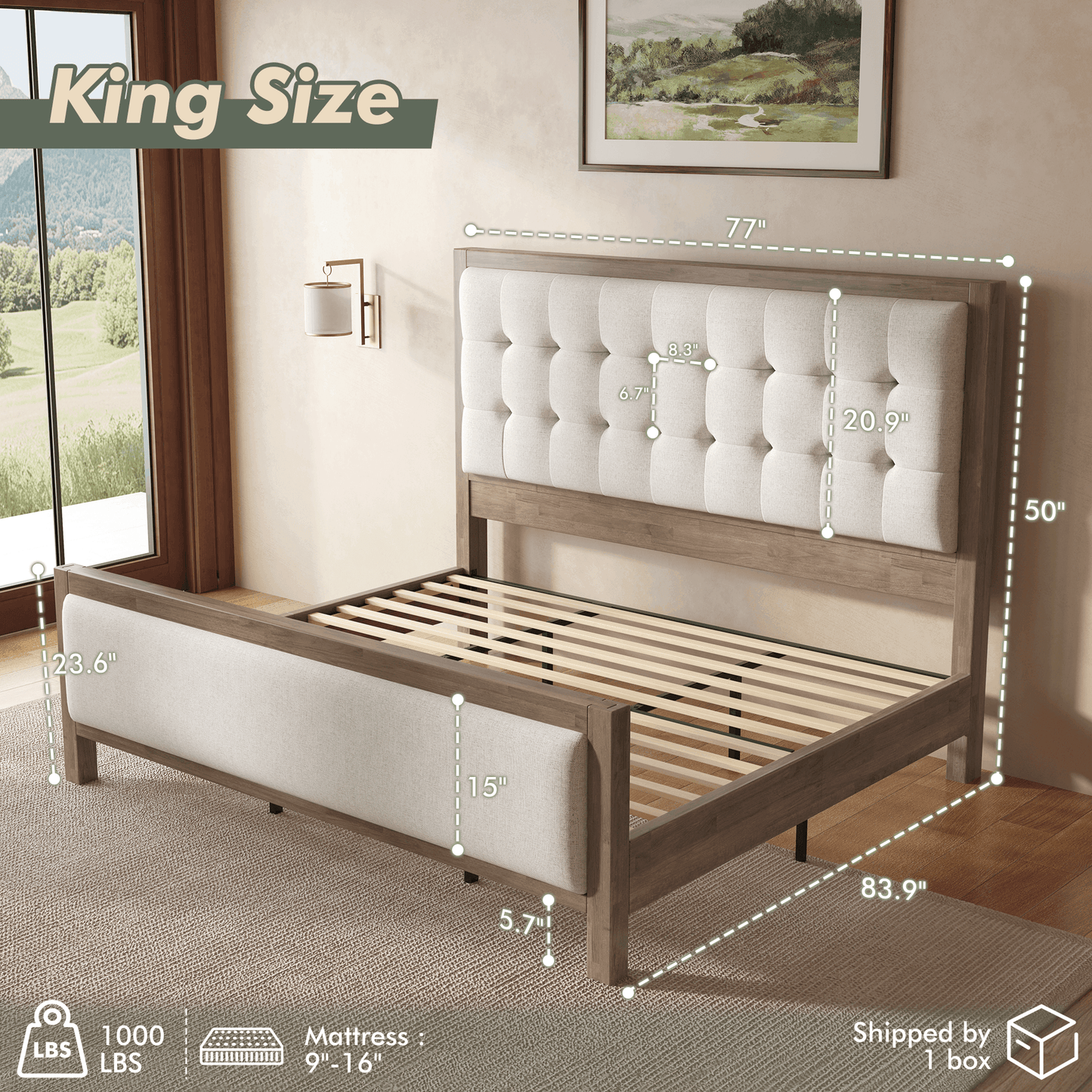 Heritage Mid-Century Solid Wood Upholstered Bed - K-GREY