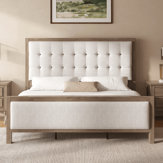 Heritage Mid-Century Solid Wood Upholstered Bed - Q-GREY