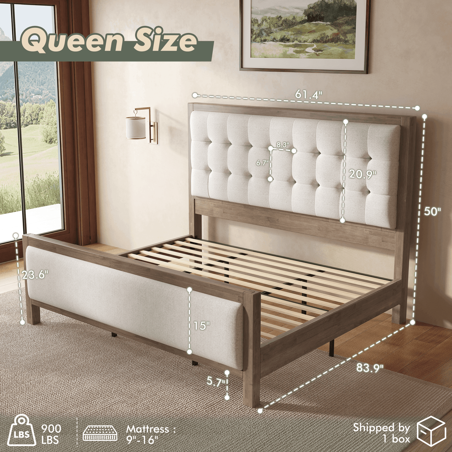 Heritage Mid-Century Solid Wood Upholstered Bed - Q-GREY