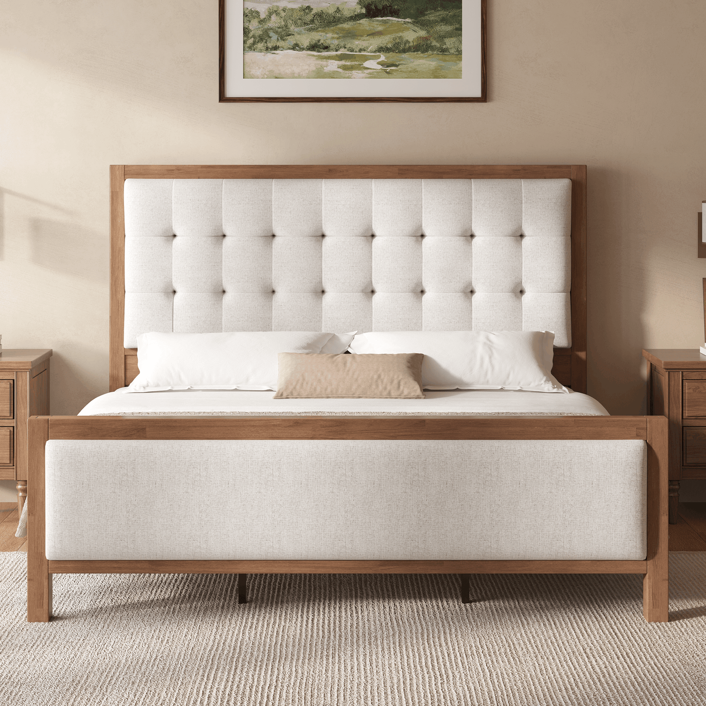 Heritage Mid-Century Solid Wood Upholstered Bed - F-WALNUT