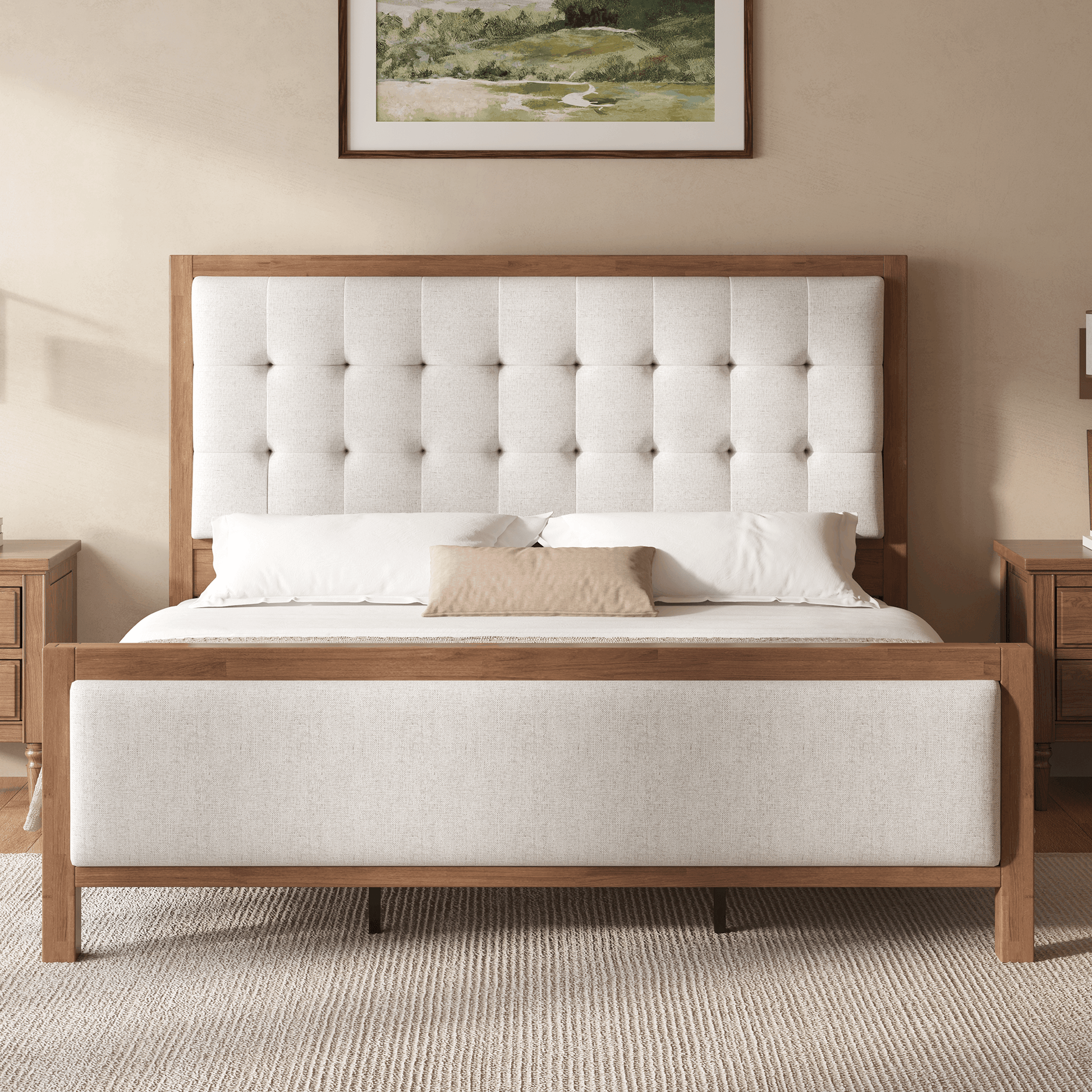 Heritage Mid-Century Solid Wood Upholstered Bed - F-WALNUT