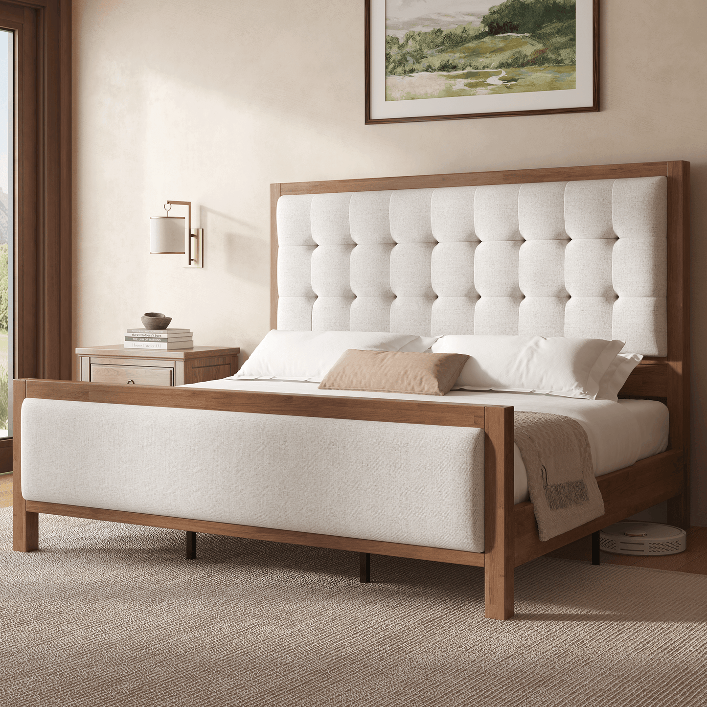 Heritage Mid-Century Solid Wood Upholstered Bed - F-WALNUT