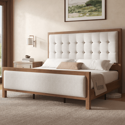 Heritage Mid-Century Solid Wood Upholstered Bed - F-WALNUT