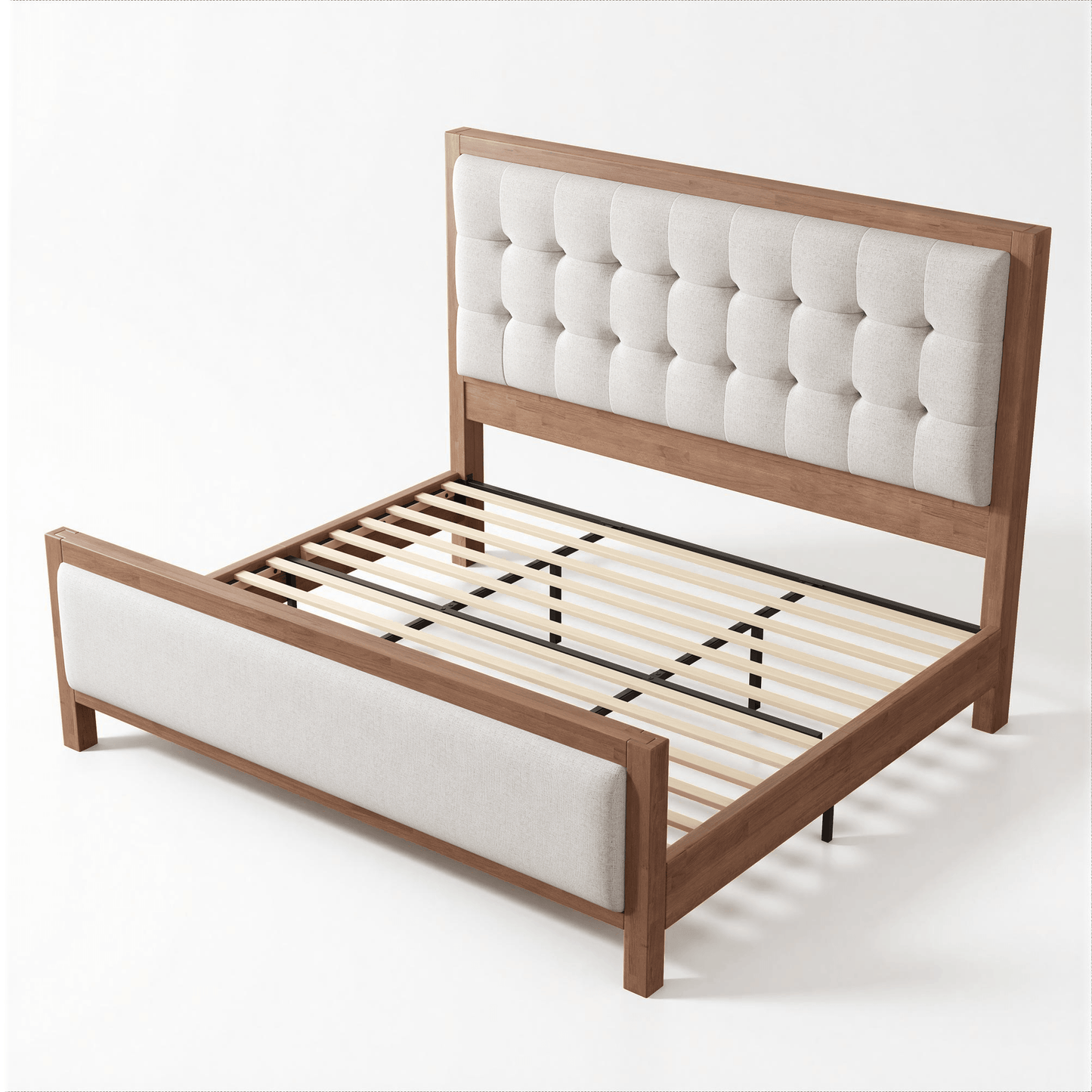 Heritage Mid-Century Solid Wood Upholstered Bed - F-WALNUT