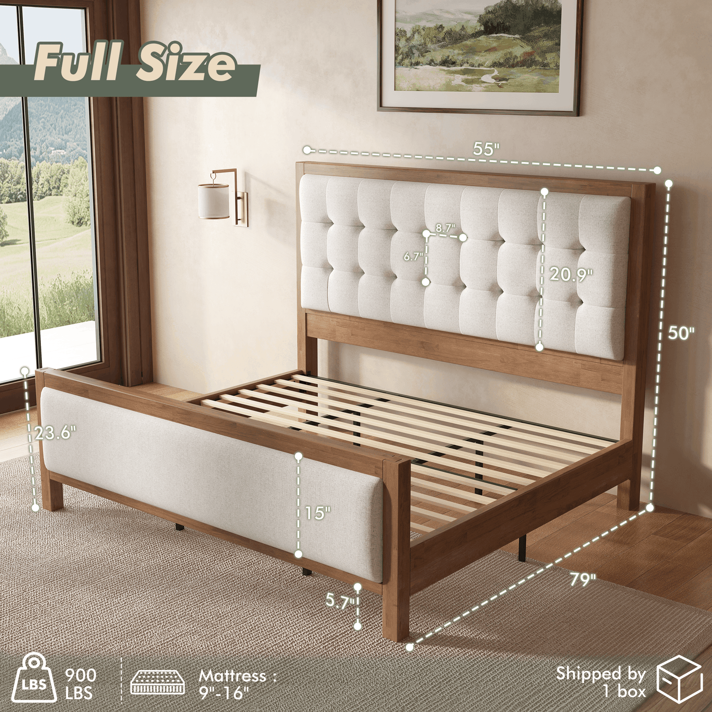 Heritage Mid-Century Solid Wood Upholstered Bed - F-WALNUT