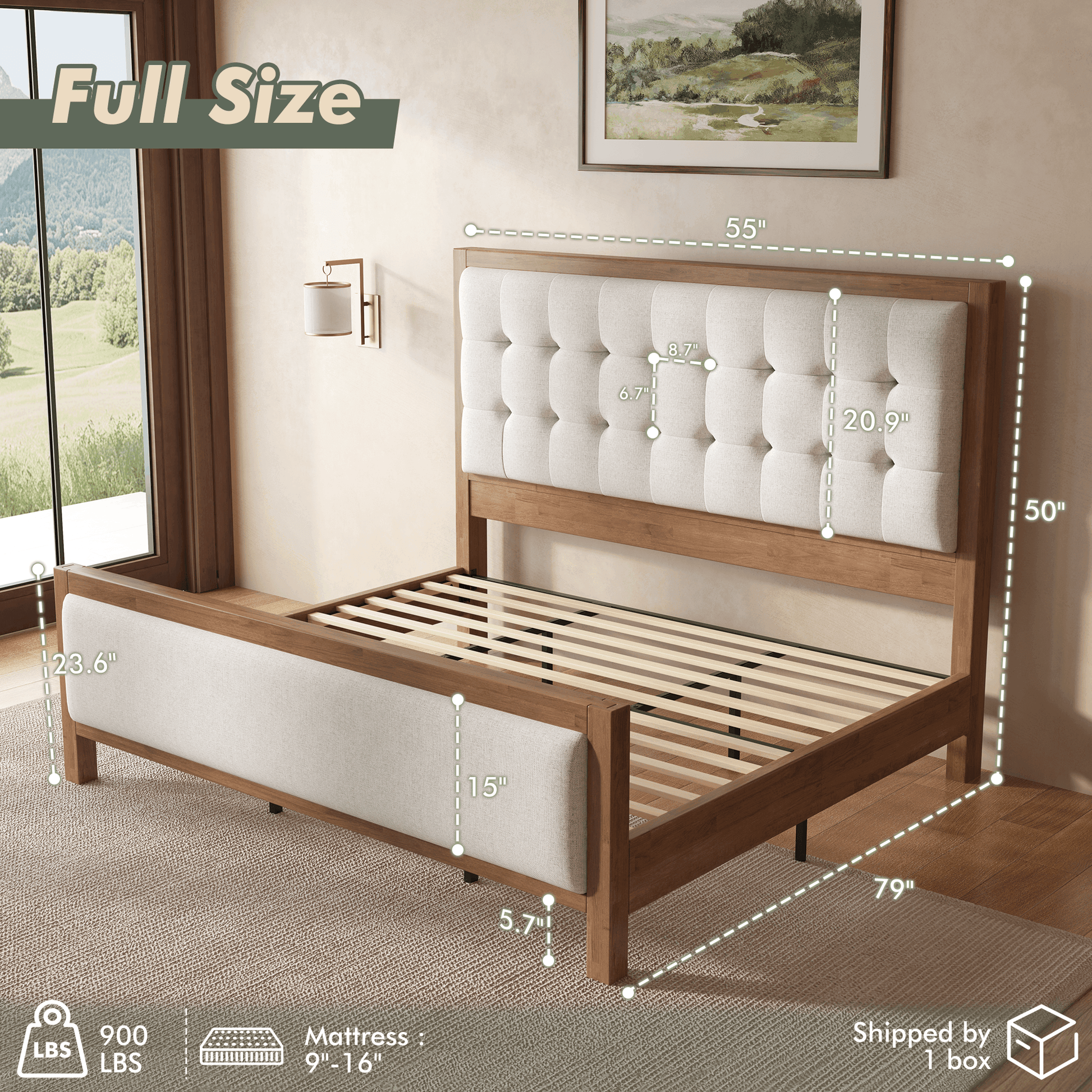 Heritage Mid-Century Solid Wood Upholstered Bed - F-WALNUT