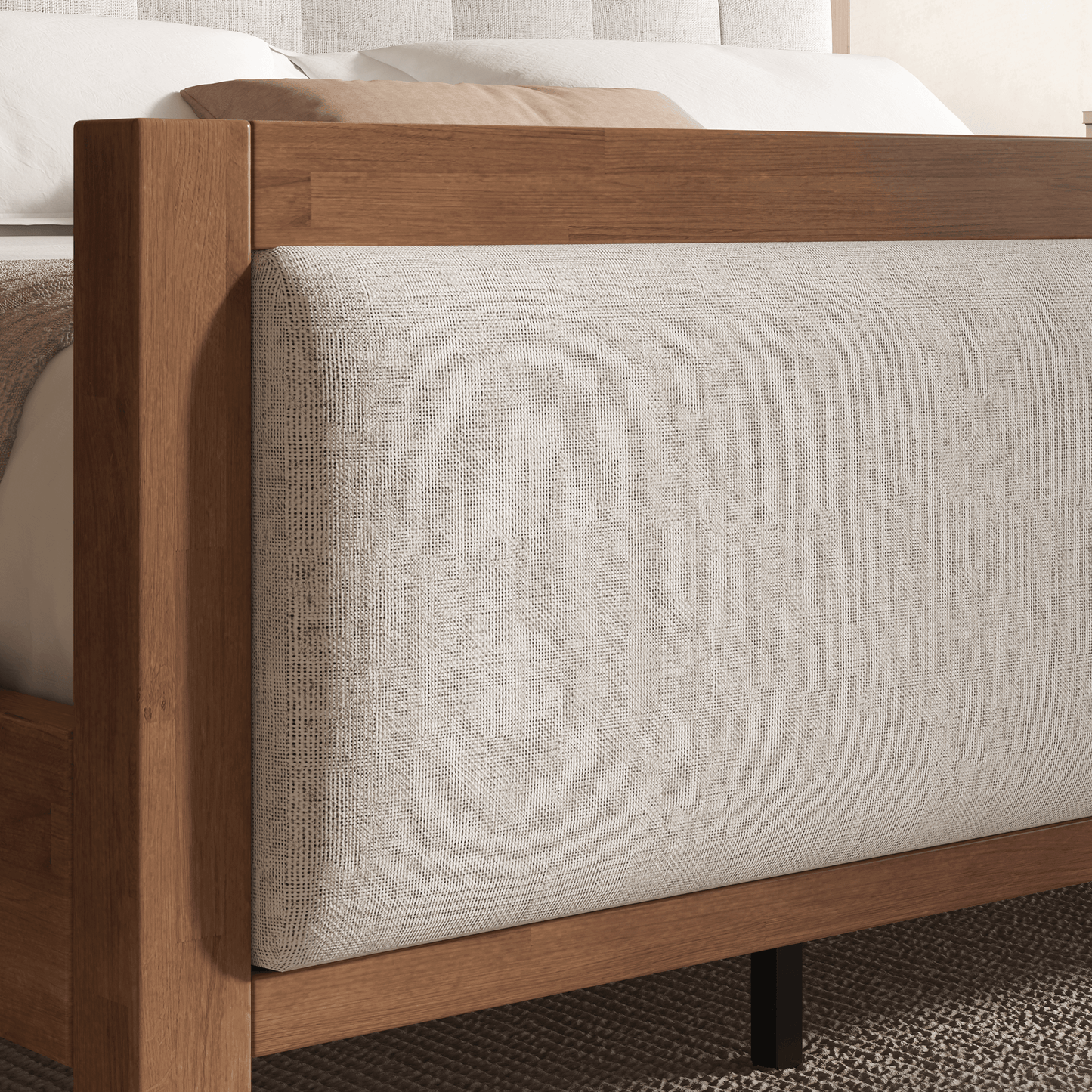Heritage Mid-Century Solid Wood Upholstered Bed - F-WALNUT