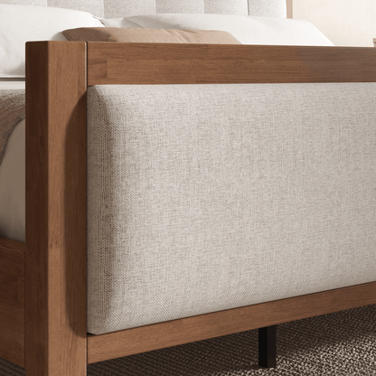 Heritage Mid-Century Solid Wood Upholstered Bed - F-WALNUT
