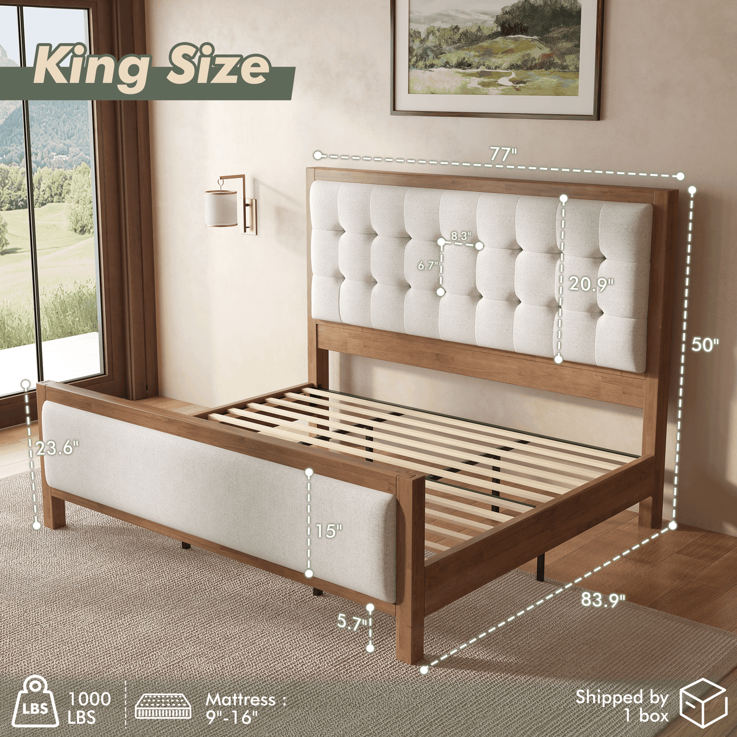 Heritage Mid-Century Solid Wood Upholstered Bed - K-WALNUT