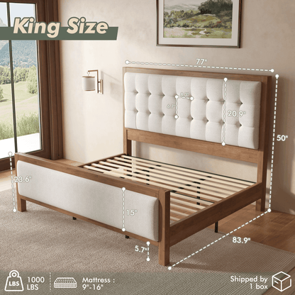 Heritage Mid-Century Solid Wood Upholstered Bed - K-WALNUT