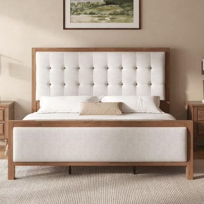Heritage Mid-Century Solid Wood Upholstered Bed - Q-WALNUT