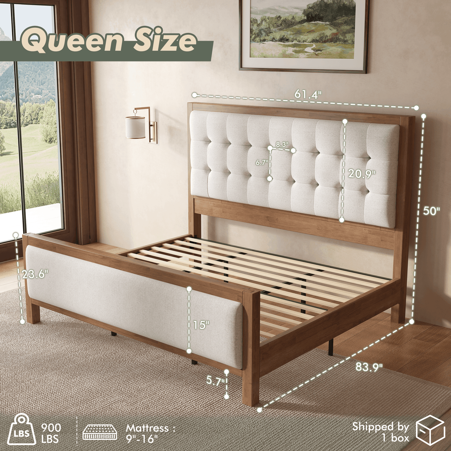 Heritage Mid-Century Solid Wood Upholstered Bed - Q-WALNUT