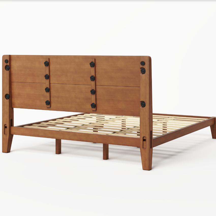 Japanese Joinery Solid Wood King Bed Frame-Queen-Brown Walnut