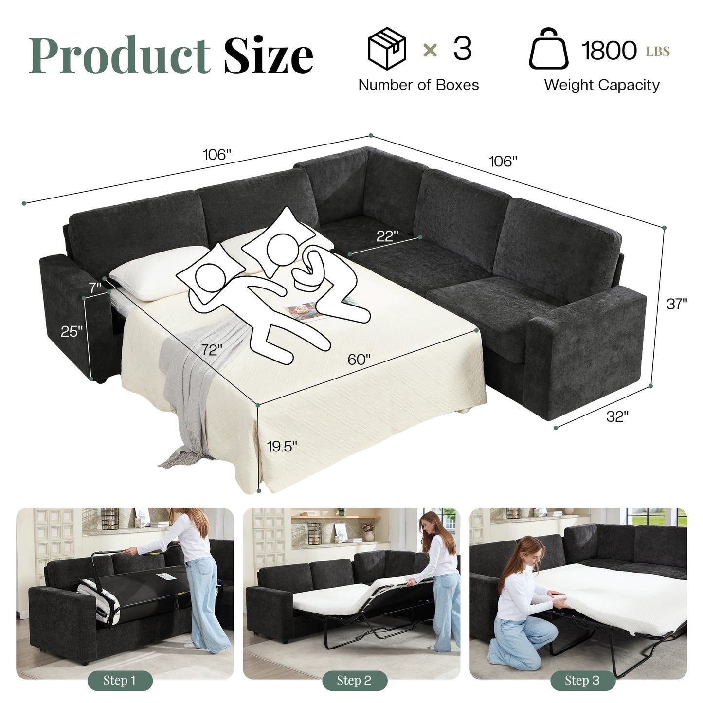 Luxe Convertible Sleeper Sectional Gray