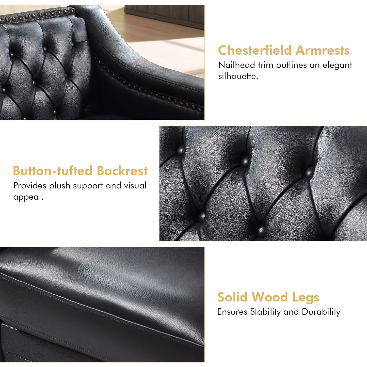 Restive Genuine Leather Chesterfield Sofa Black
