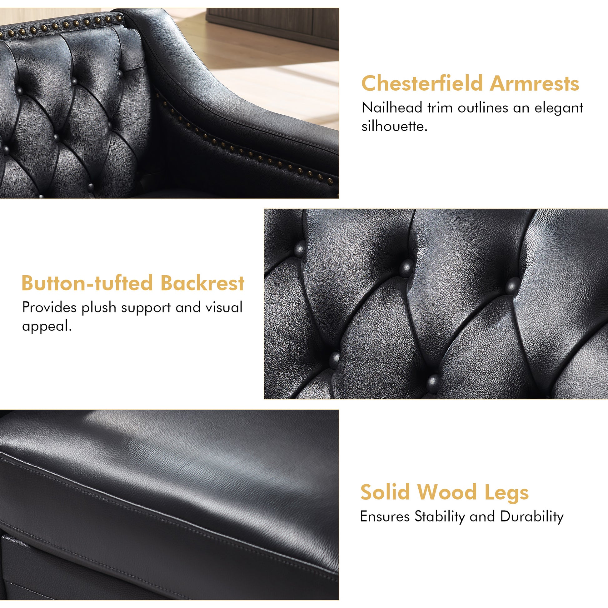 Restive Genuine Leather Chesterfield Sofa Black