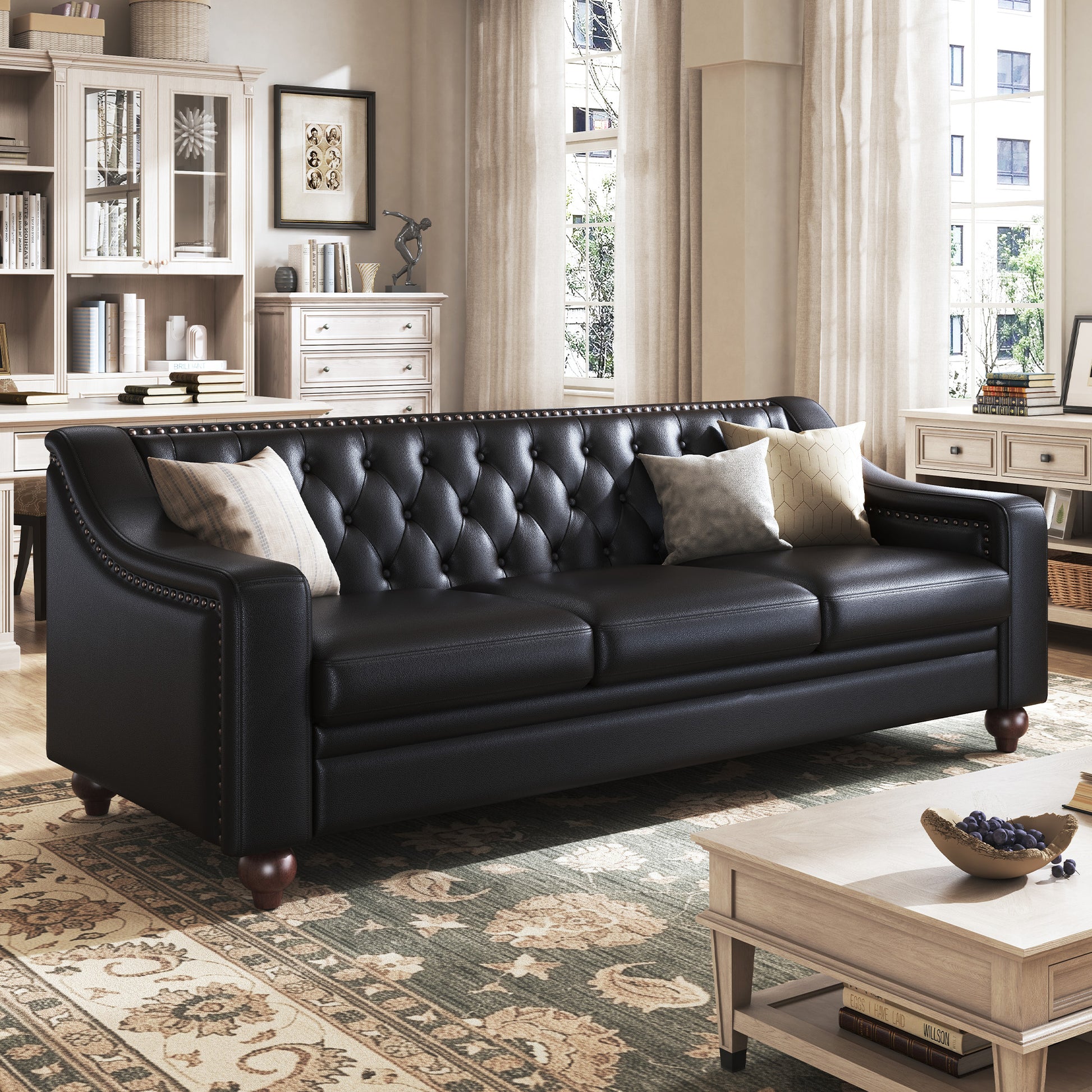 Restive Genuine Leather Chesterfield Sofa Black