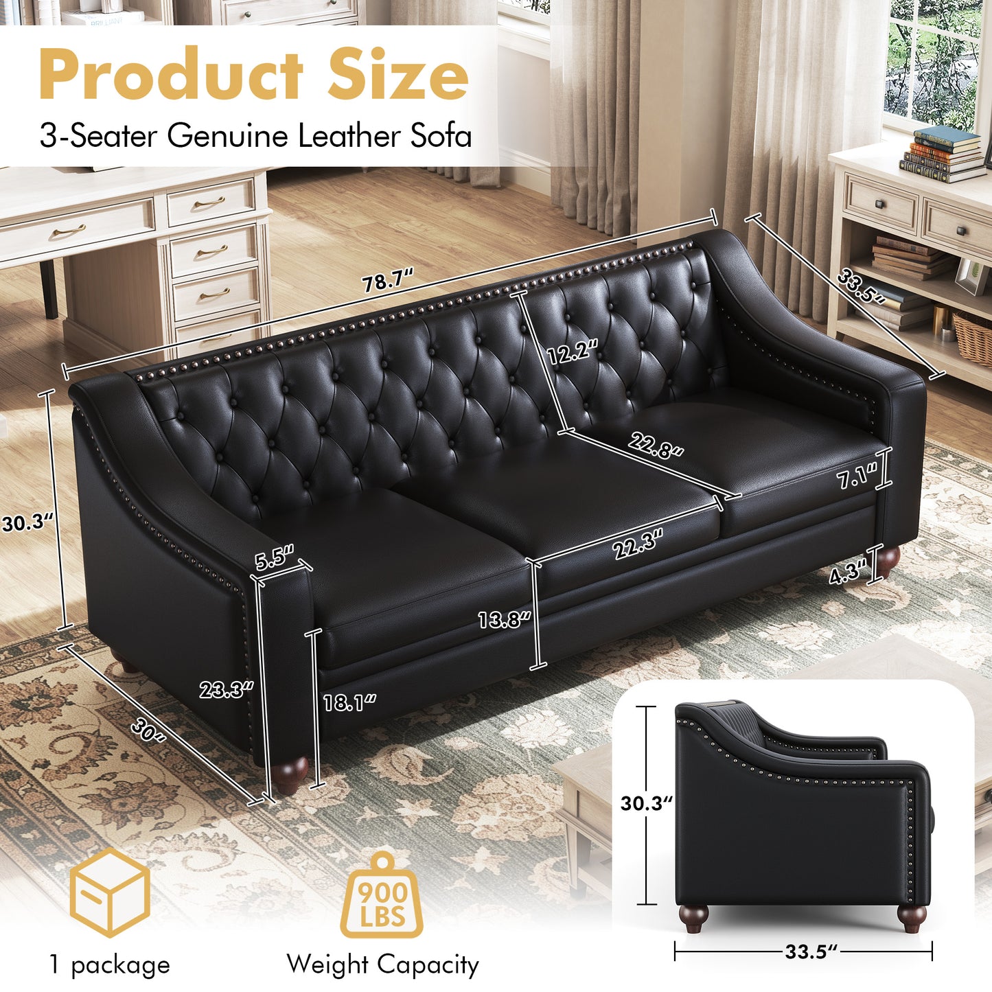 Restive Genuine Leather Chesterfield Sofa Black