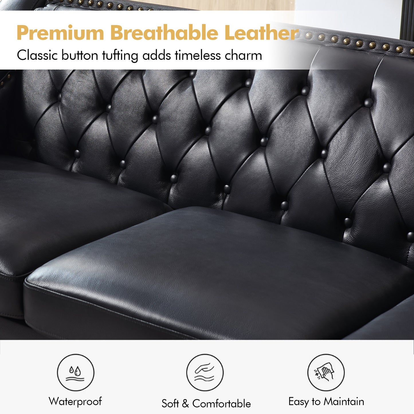 Restive Genuine Leather Chesterfield Sofa Black
