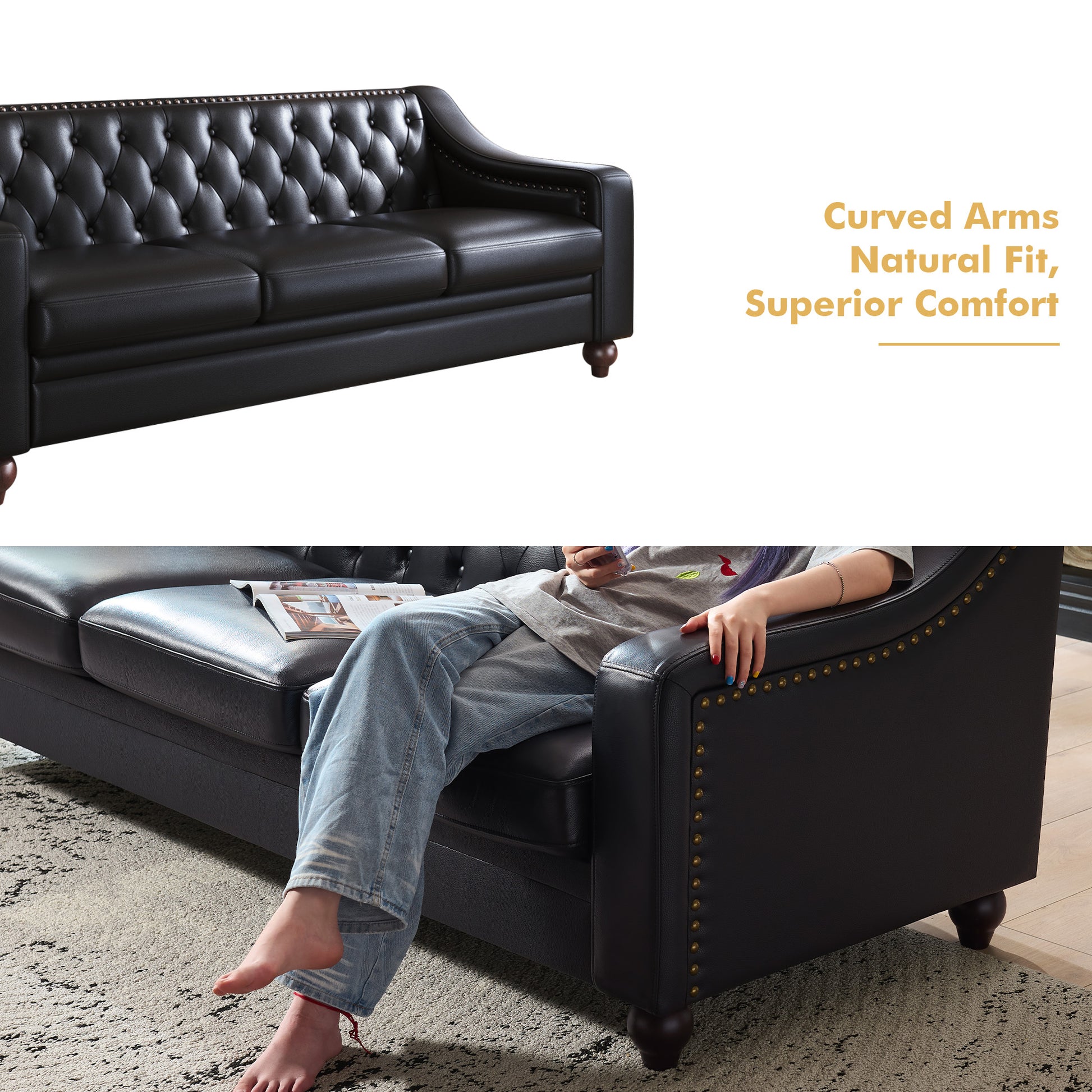 Restive Genuine Leather Chesterfield Sofa Black