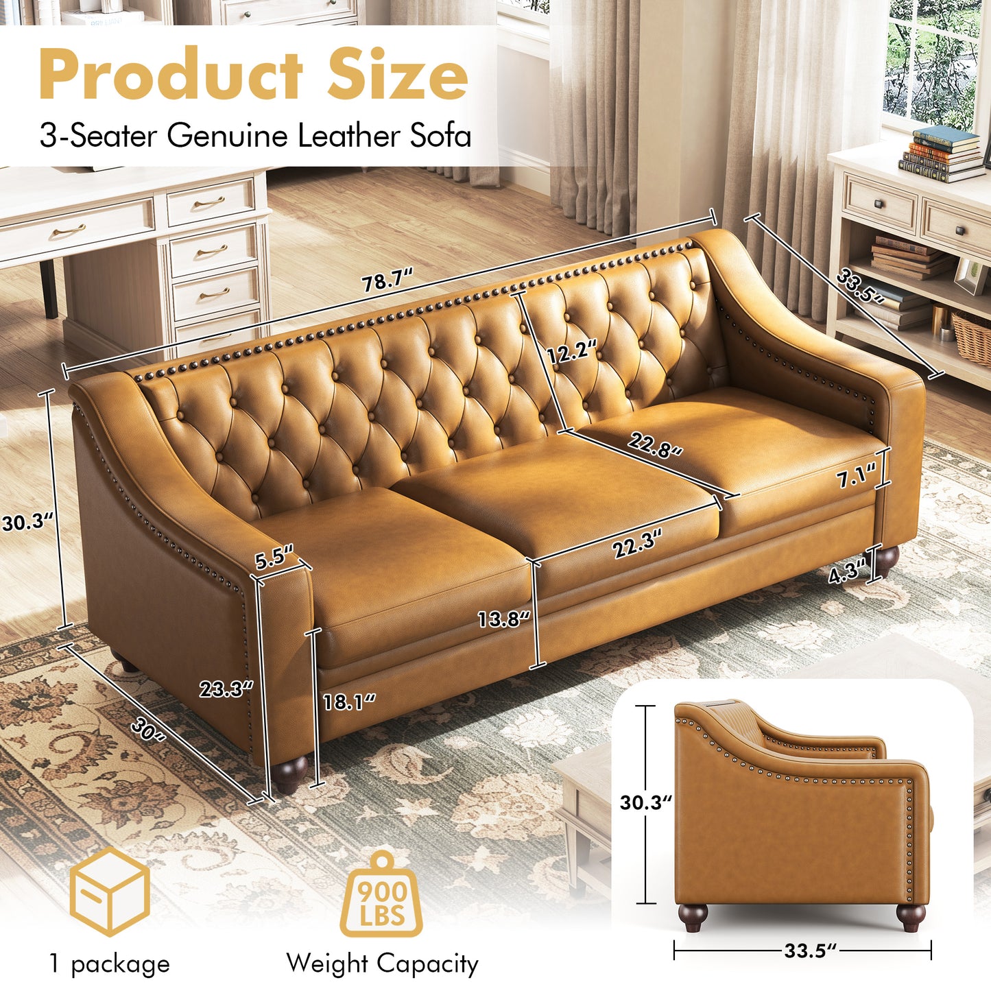 Restive Genuine Leather Chesterfield Sofa Brown