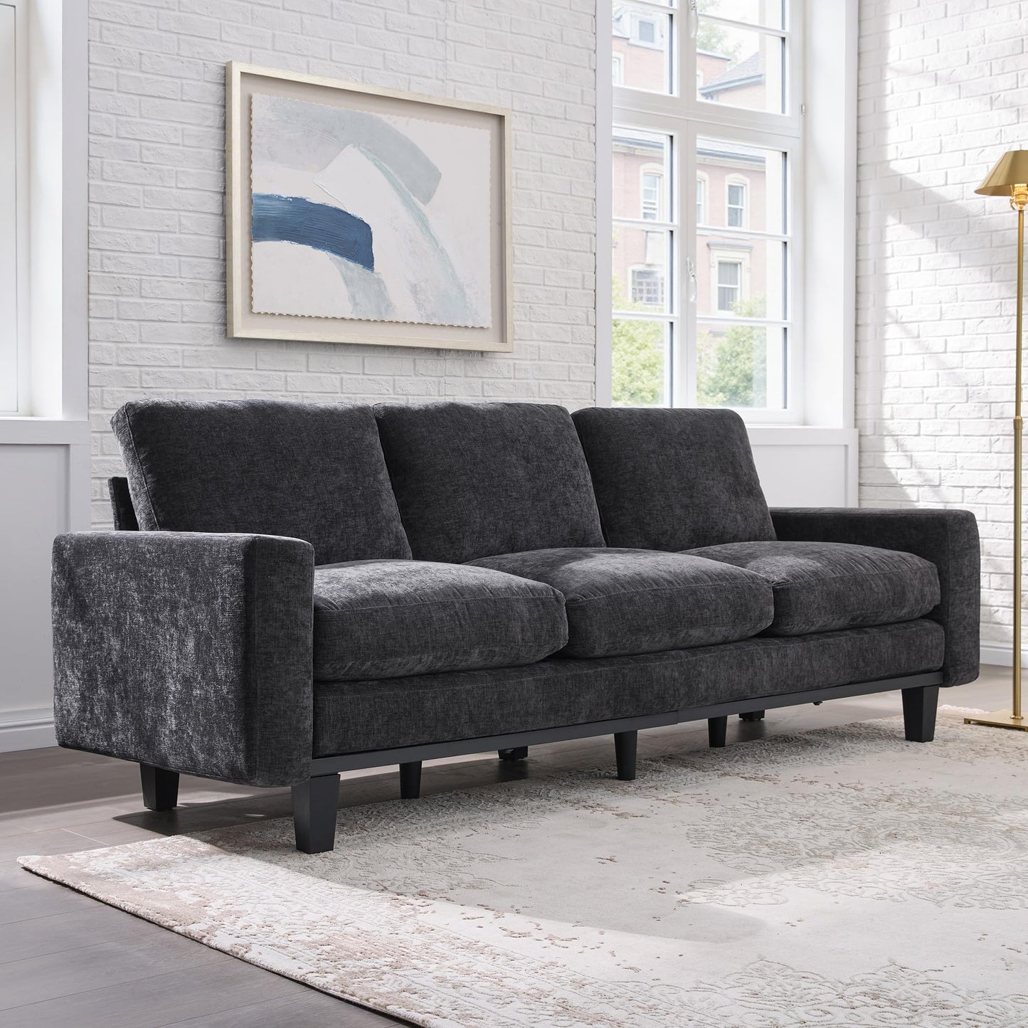 Rigid Modern 3-Seater Deep Seat Sofa Chenille Gray