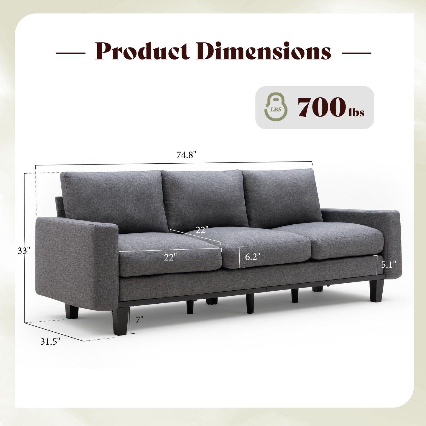 Rigid Modern 3-Seater Deep Seat Sofa Linen Gray