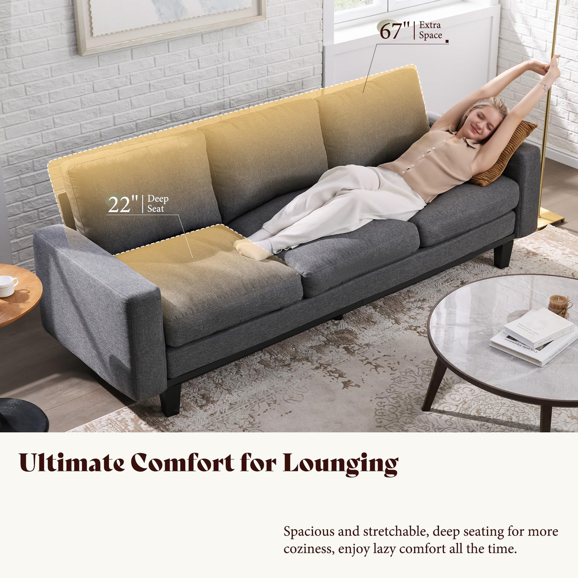 Rigid Modern 3-Seater Deep Seat Sofa Linen Gray