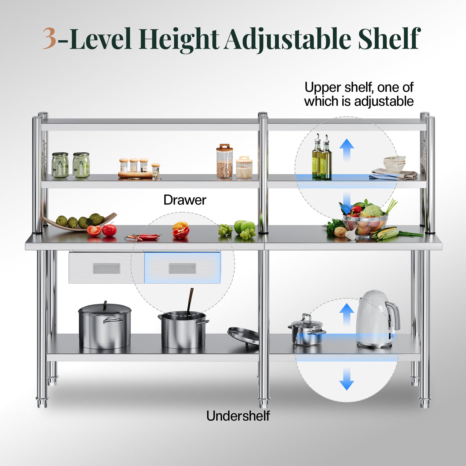 Stainless Steel Work Table with Overshelves Amerlife