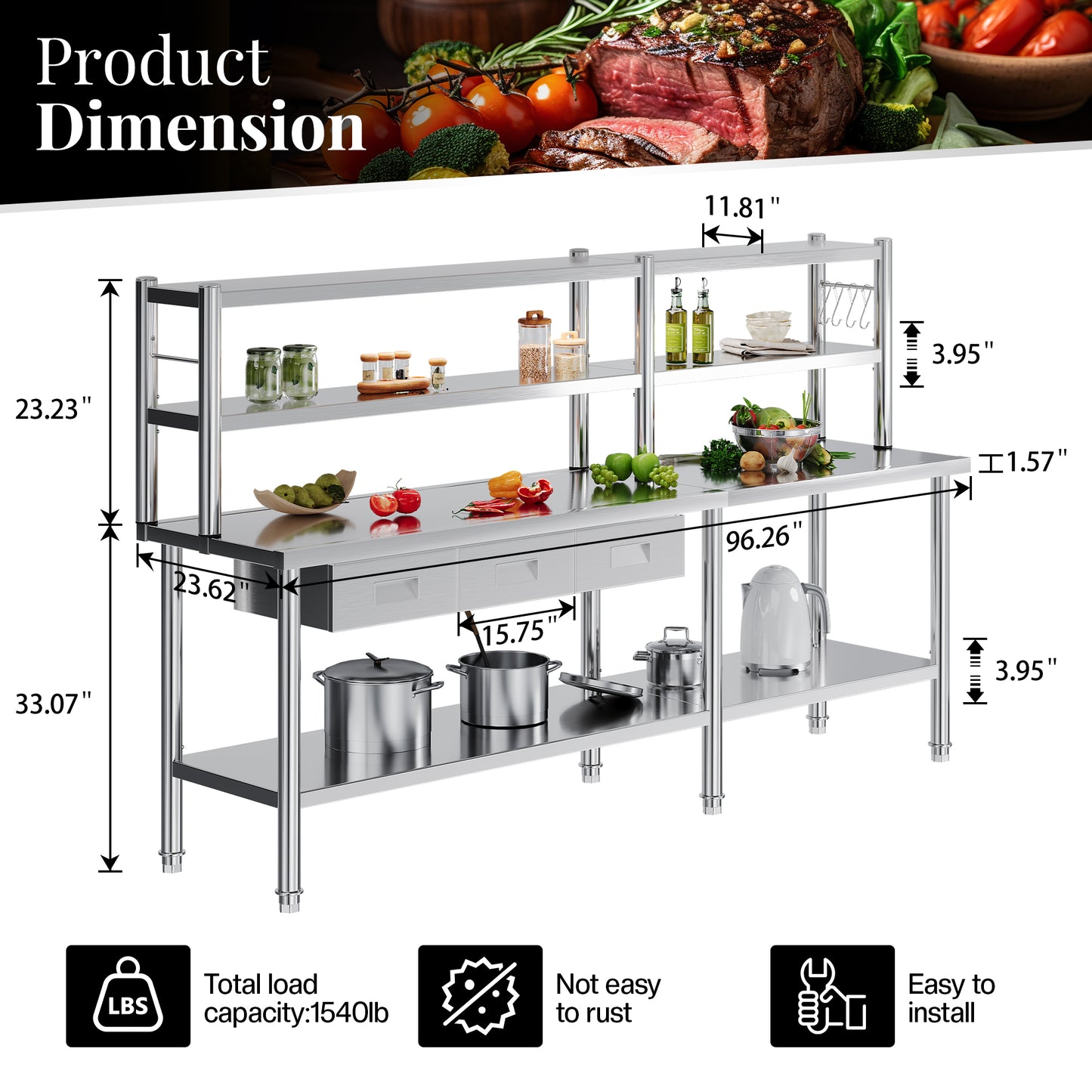 Stainless Steel Work Table with Overshelves Amerlife