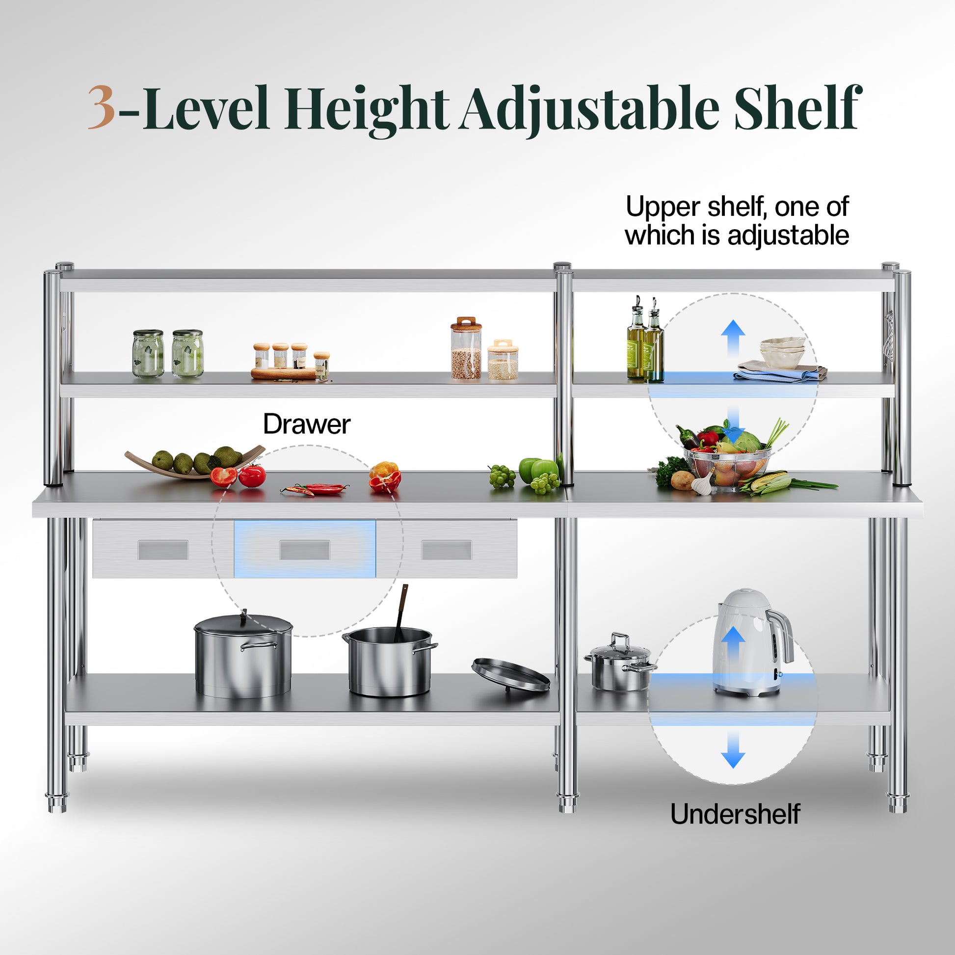 Stainless Steel Work Table with Overshelves Amerlife