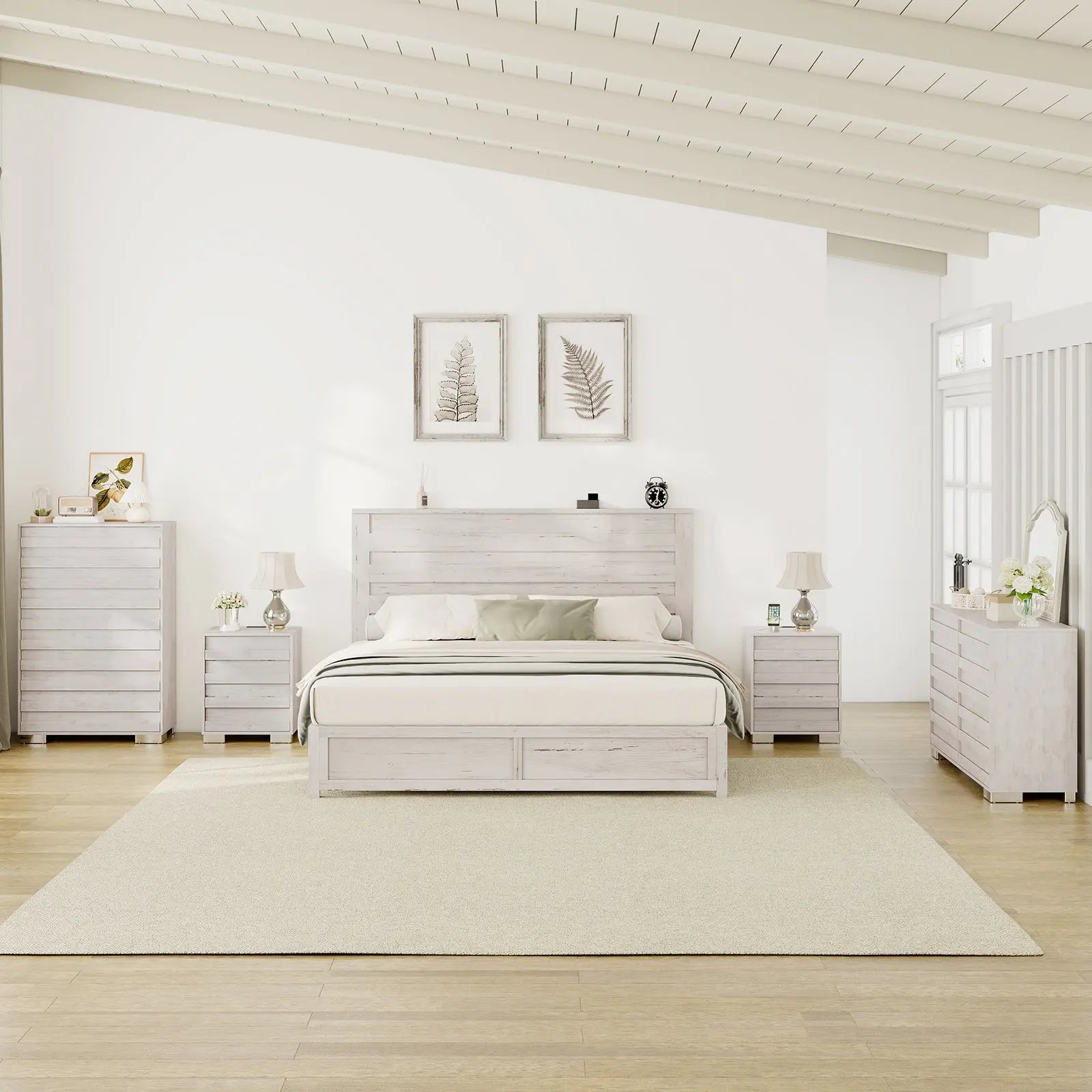 AMERLIFE Sequoia Farmhouse Bedroom Sets Rustic Drawer Dresser Nightstand Bed Frame Full Distressed White