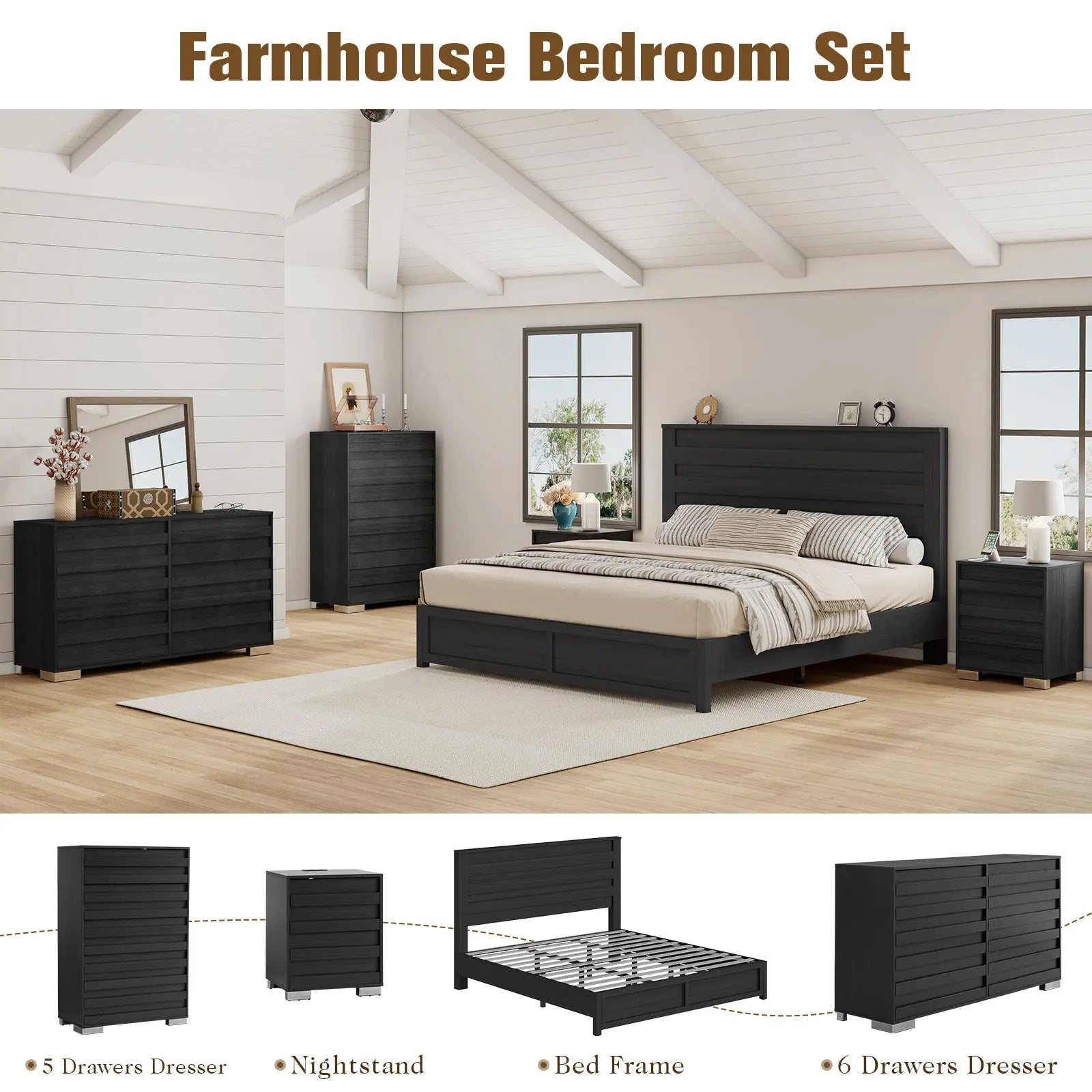AMERLIFE Sequoia Farmhouse Bedroom Sets Rustic Drawer Dresser Nightstand Bed Frame Full Distressed White