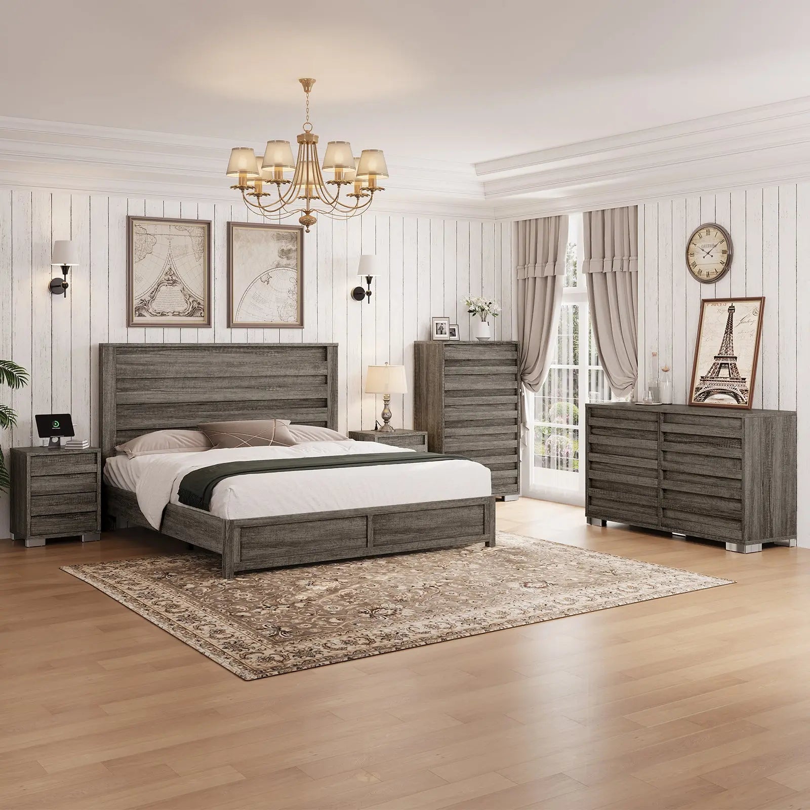 modern farmhouse dresser and nightstand set SICOTAS 3 Piece Farmhouse Bedroom Dresser and Nightstand Set, Fluted 6 Drawer Dresser, Nightstand Set of 2 with Drawer & Open Shelf for Living Room, Grey