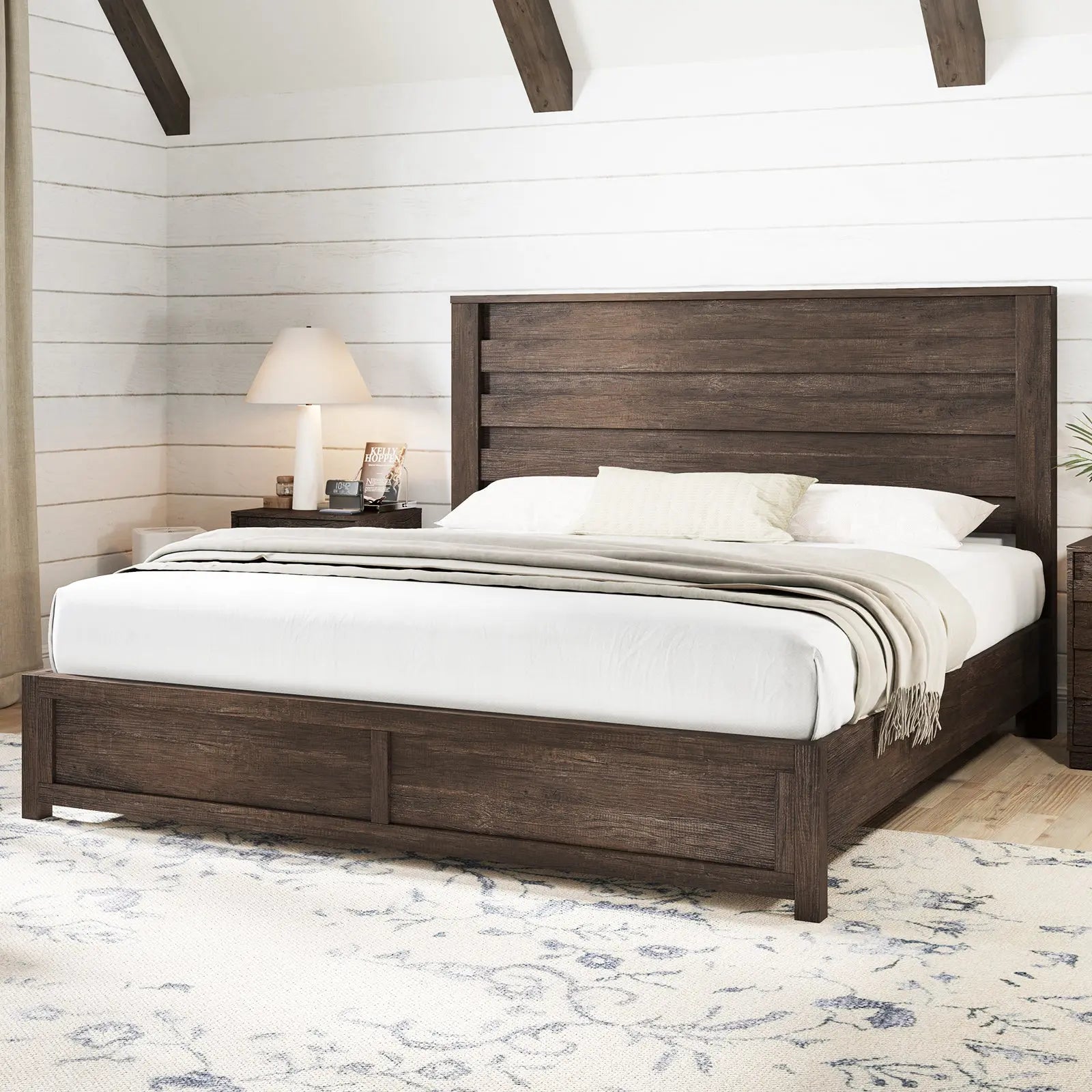 AMERLIFE Sequoia King Farmhouse Bed Frame 49 Fluted Headboard Natural Wood Grain Platform Bed Rustic Grey