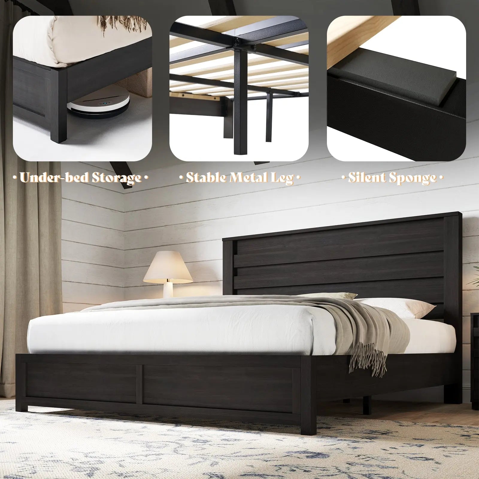 AMERLIFE Sequoia King Farmhouse Bed Frame 49 Fluted Headboard Natural Wood Grain Platform Bed Rustic Grey