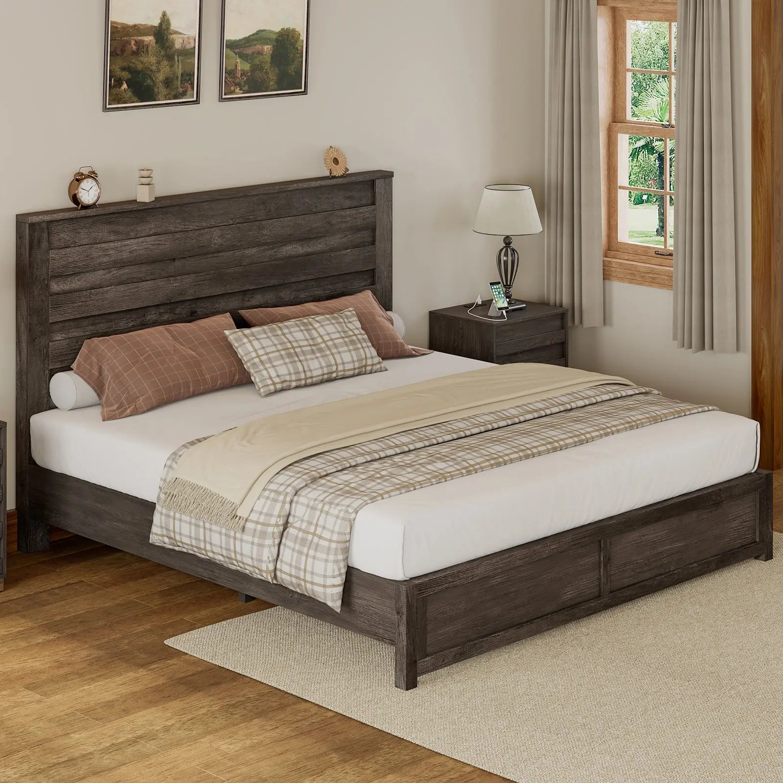 AMERLIFE Sequoia Queen Farmhouse Bed Frame 49 Fluted Headboard Natural Wood Grain Platform Bed Distressed White