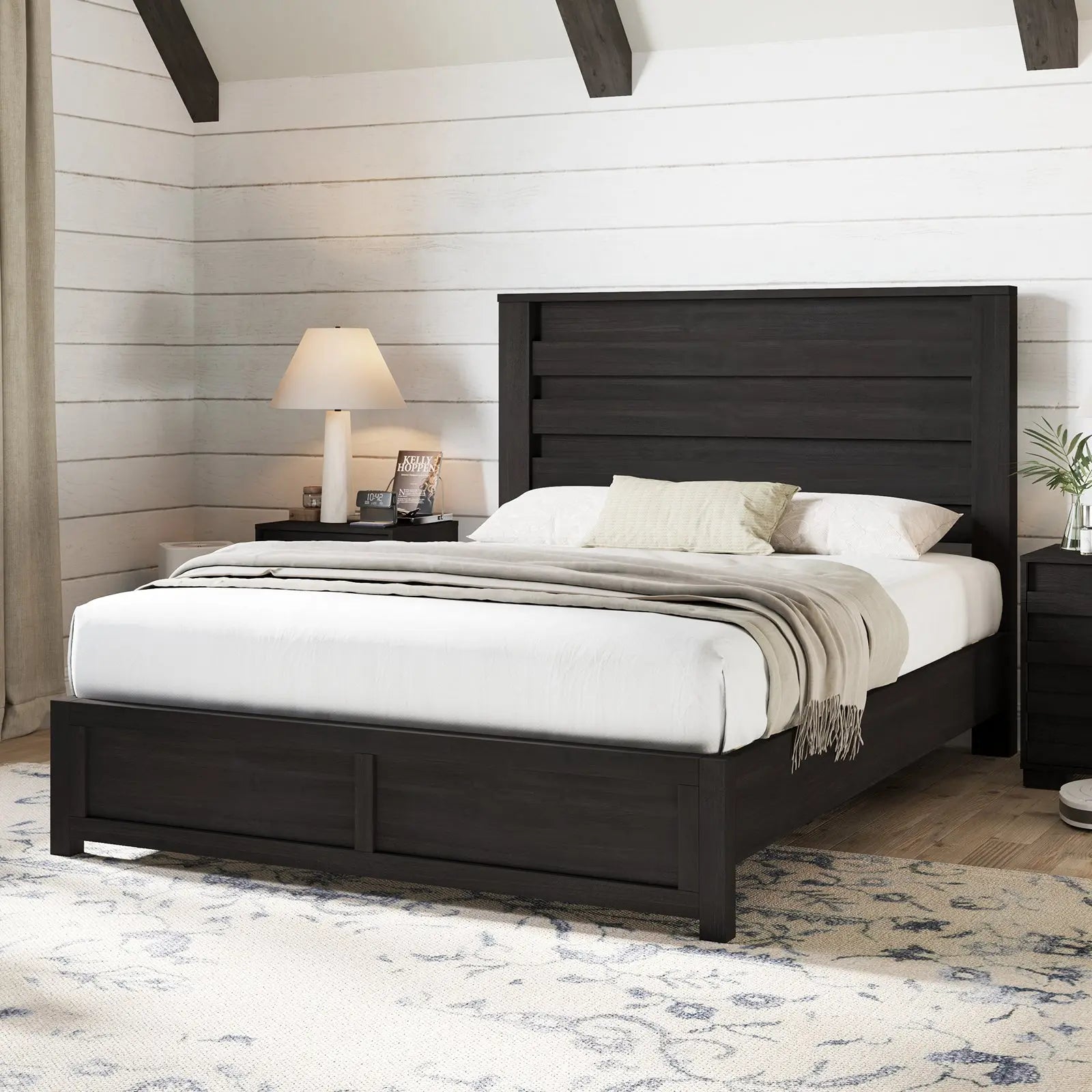 Amerlife Sequoia Queen Farmhouse Bed Frame 49 Fluted Headboard Natural Wood Grain Platform Bed