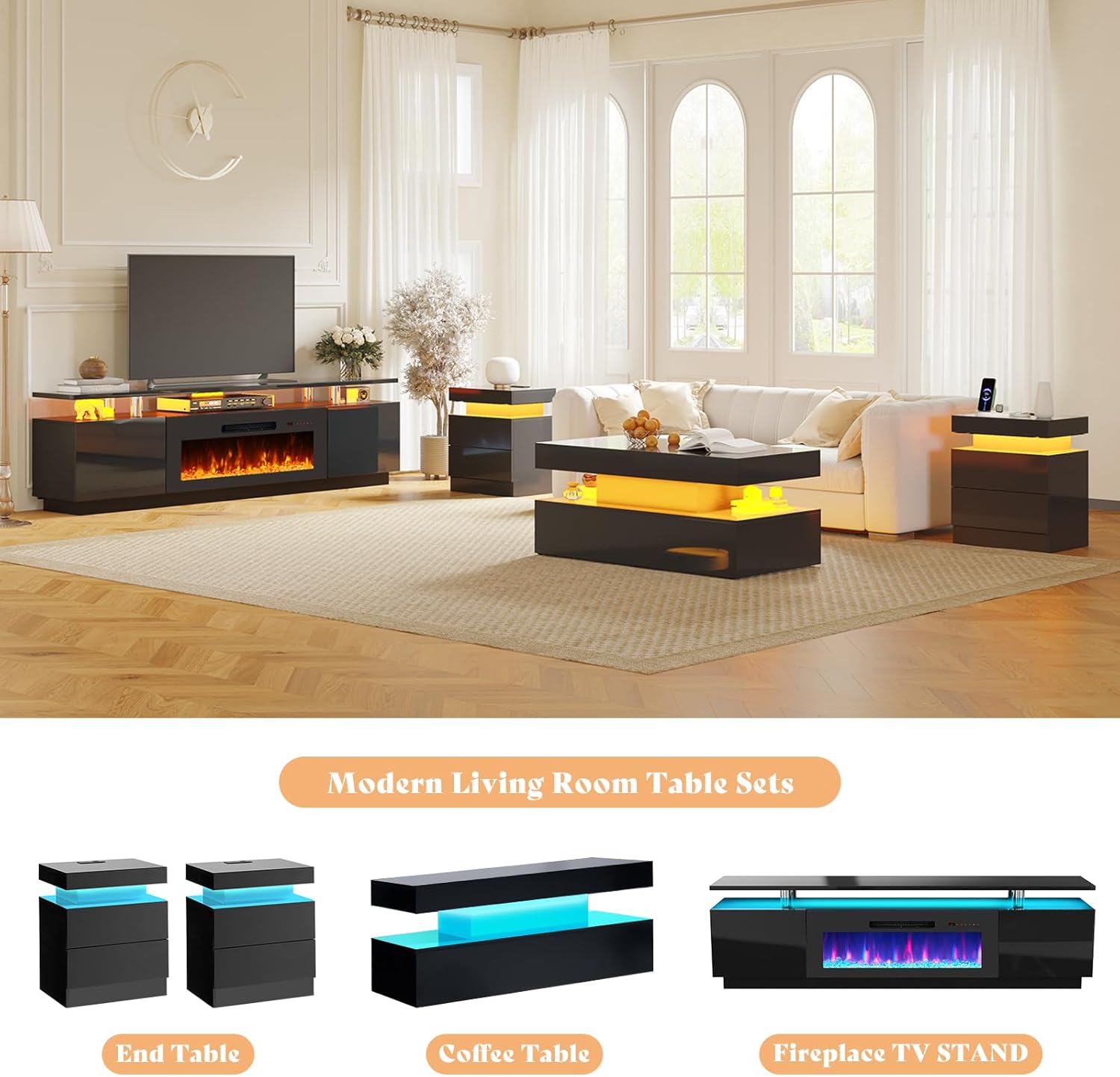 Sheer 80" Fireplace 5-Piece Living Room Set-Black