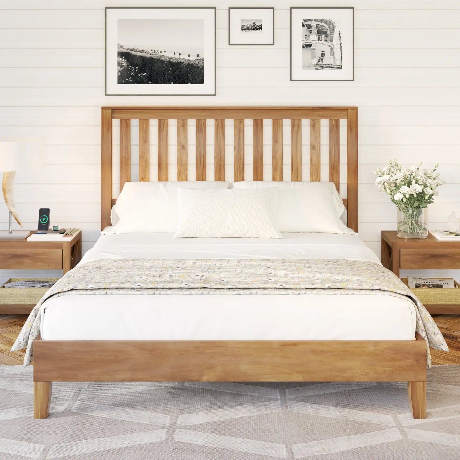 AMERLIFE Silverado Bed Frame Queen Size Pine Solid Wood Bed Frame Rustic Pine