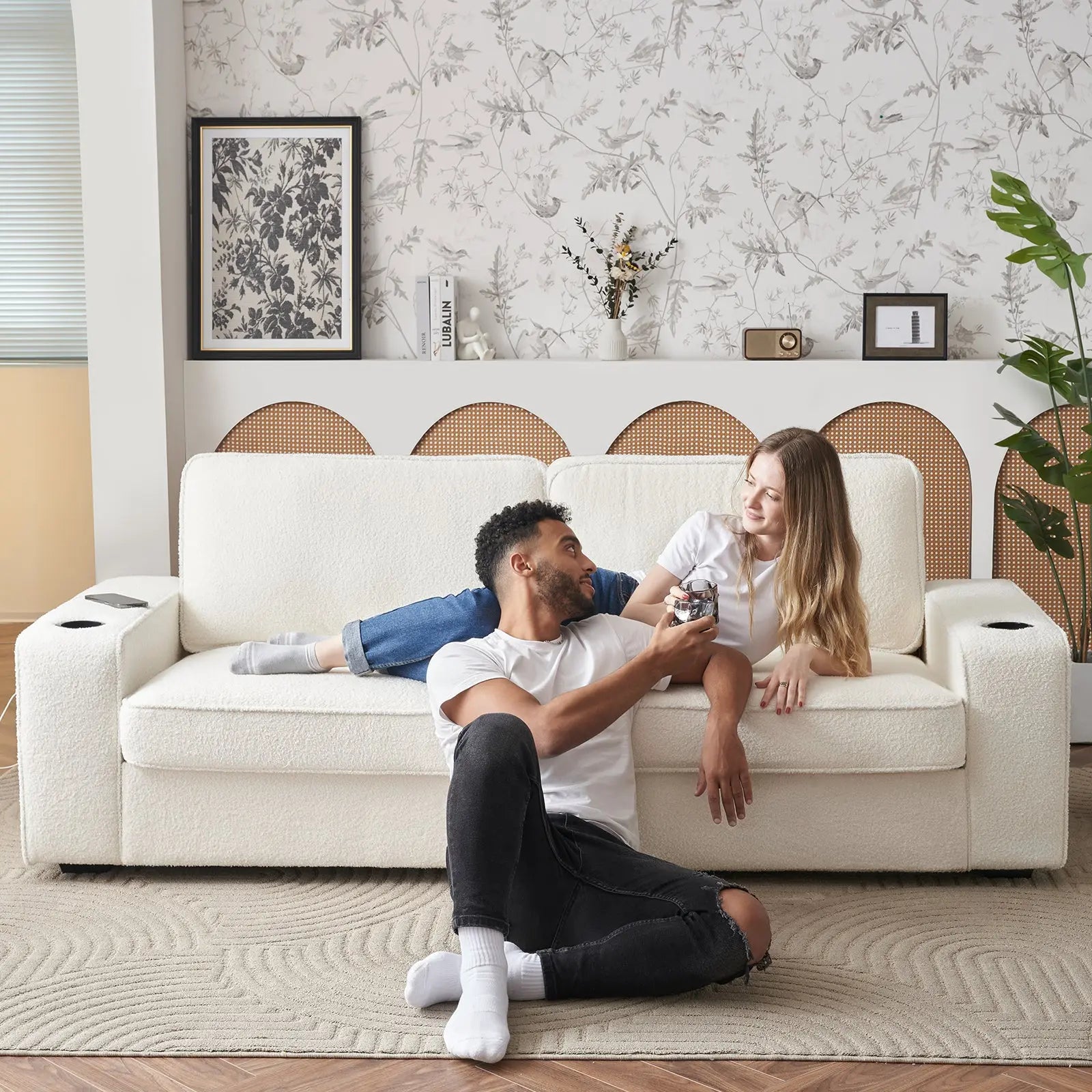 AMERLIFE Chords Modern Sofa 89 inch Deep Seat Sofa Couch with USB Charging Ports Cup Holders Corduroy White