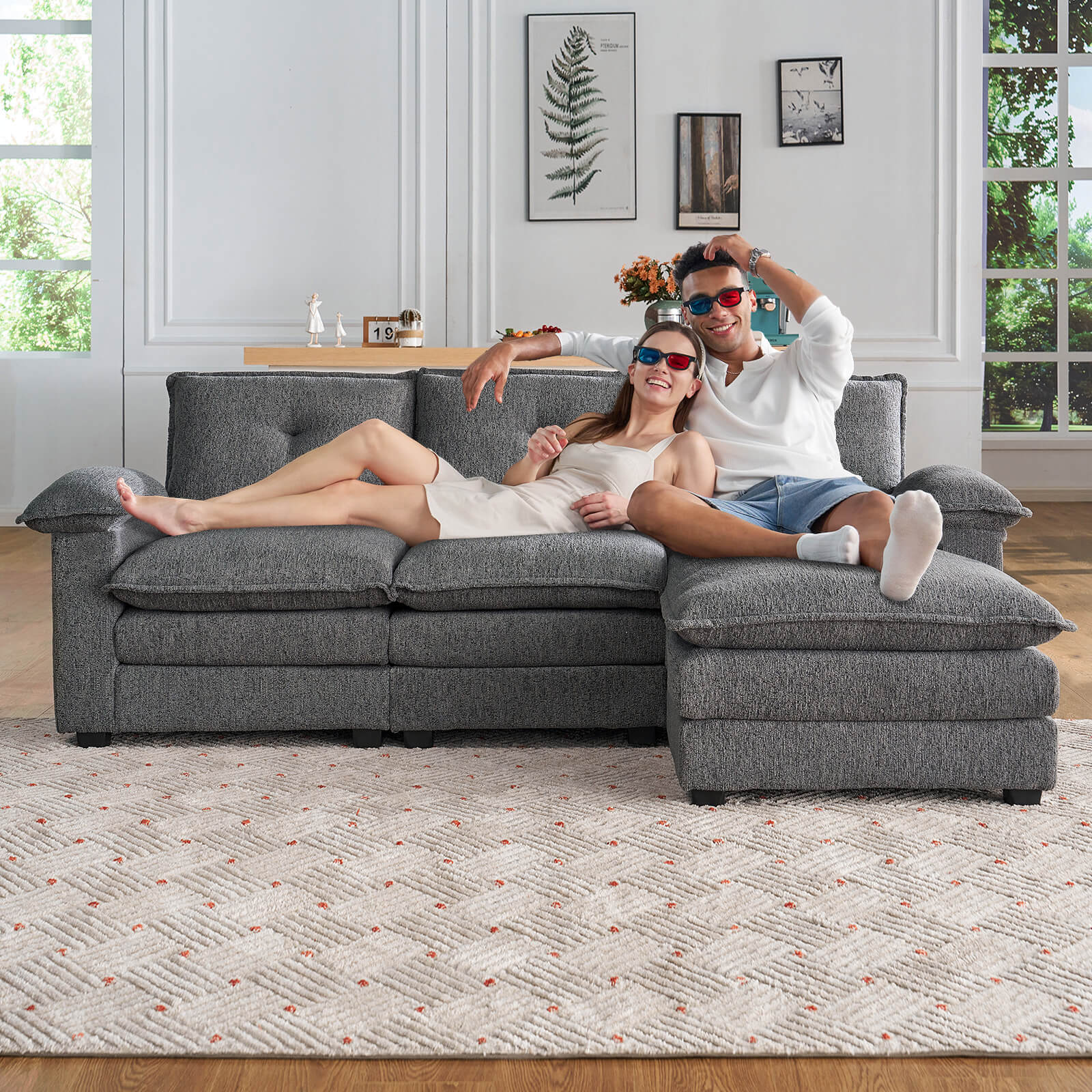 Earl Oversized Chenille Sectional Sofa - Grey