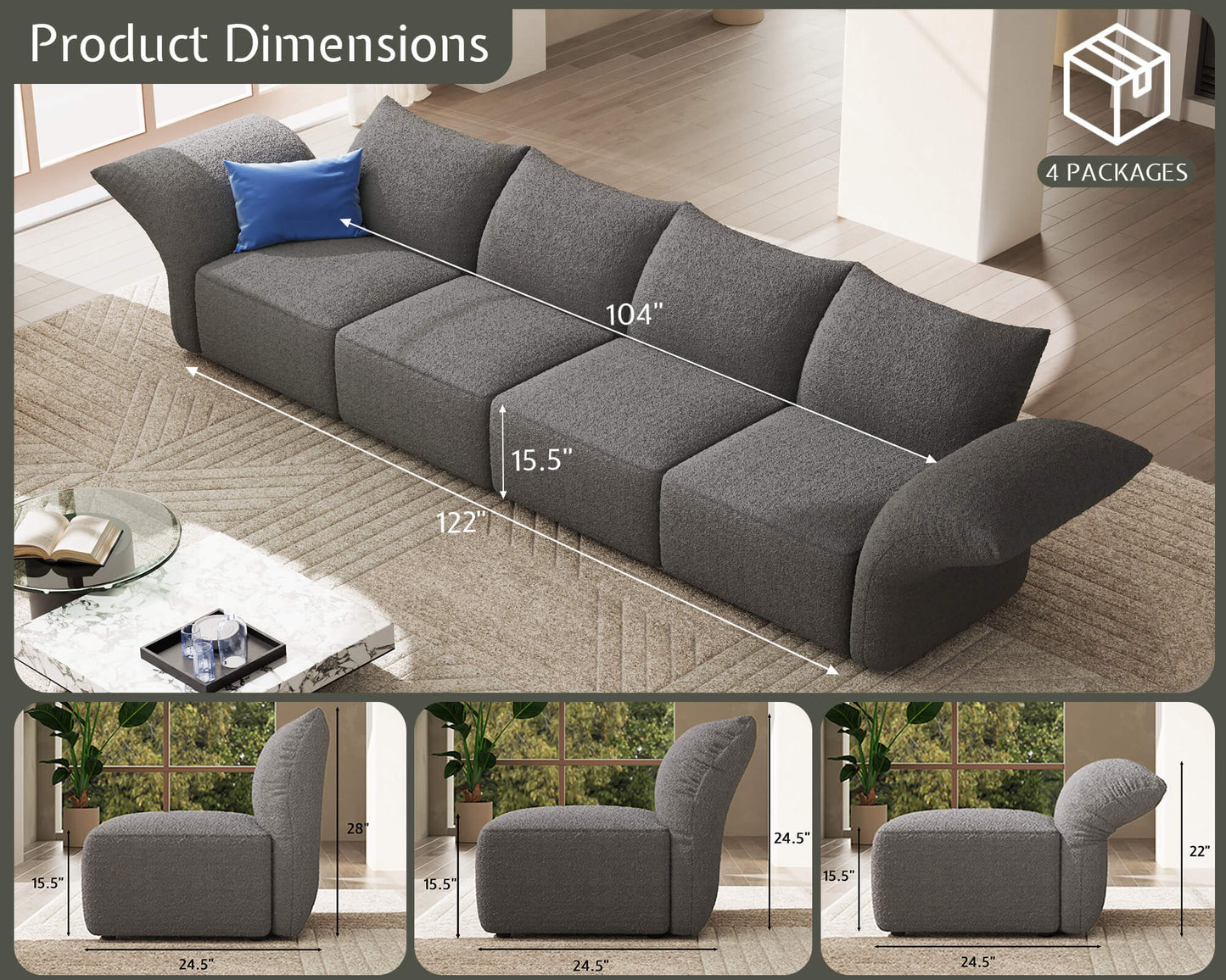 Brakt 122-Inch Modular Sectional Sofa - Grey