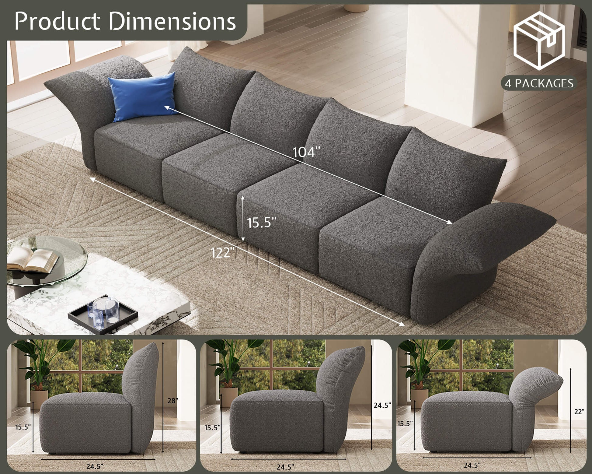 Brakt 122-Inch Modular Sectional Sofa - Grey