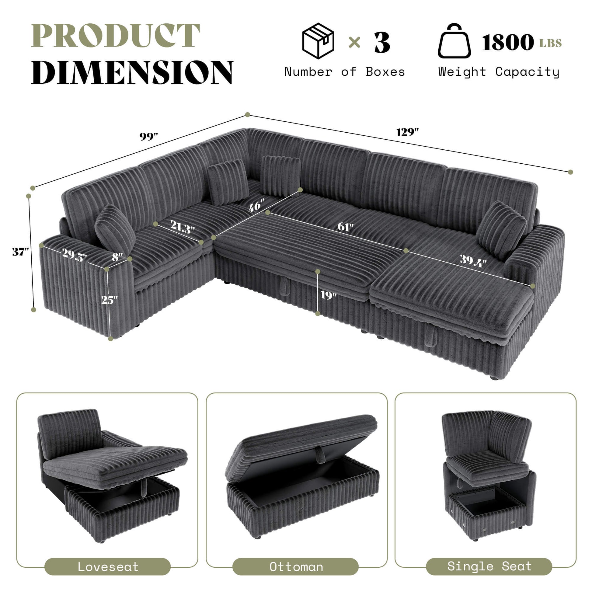 Storavia Cloud Modular Sleeper Sectional Sofa - Grey