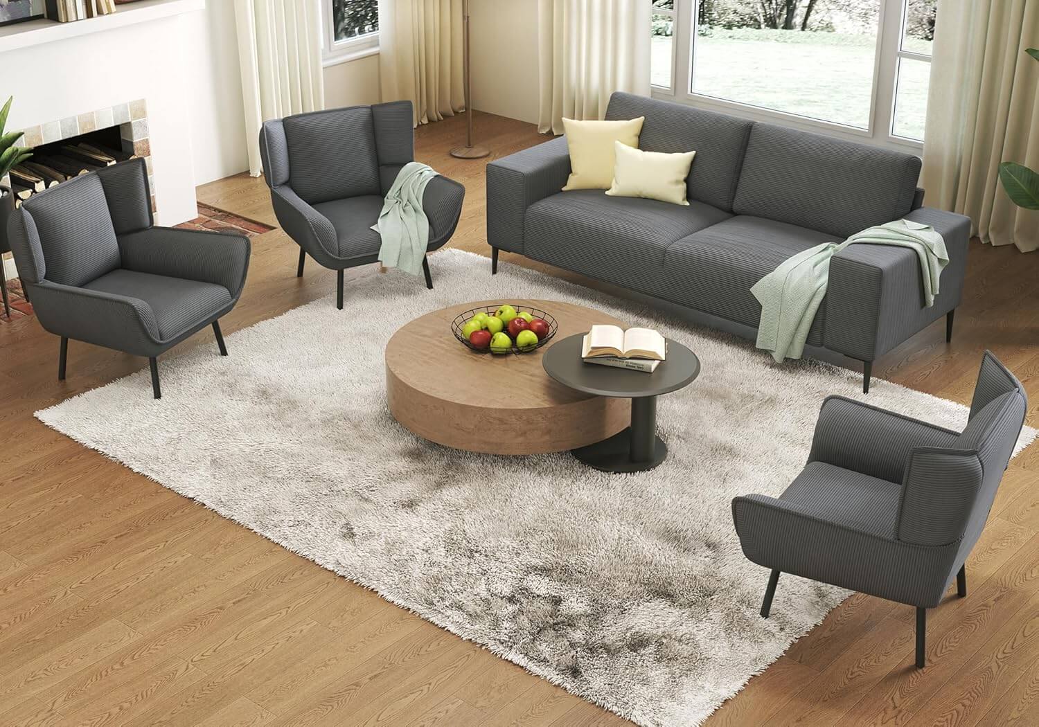 Grey Corduroy Sofa Set - 3 chairs