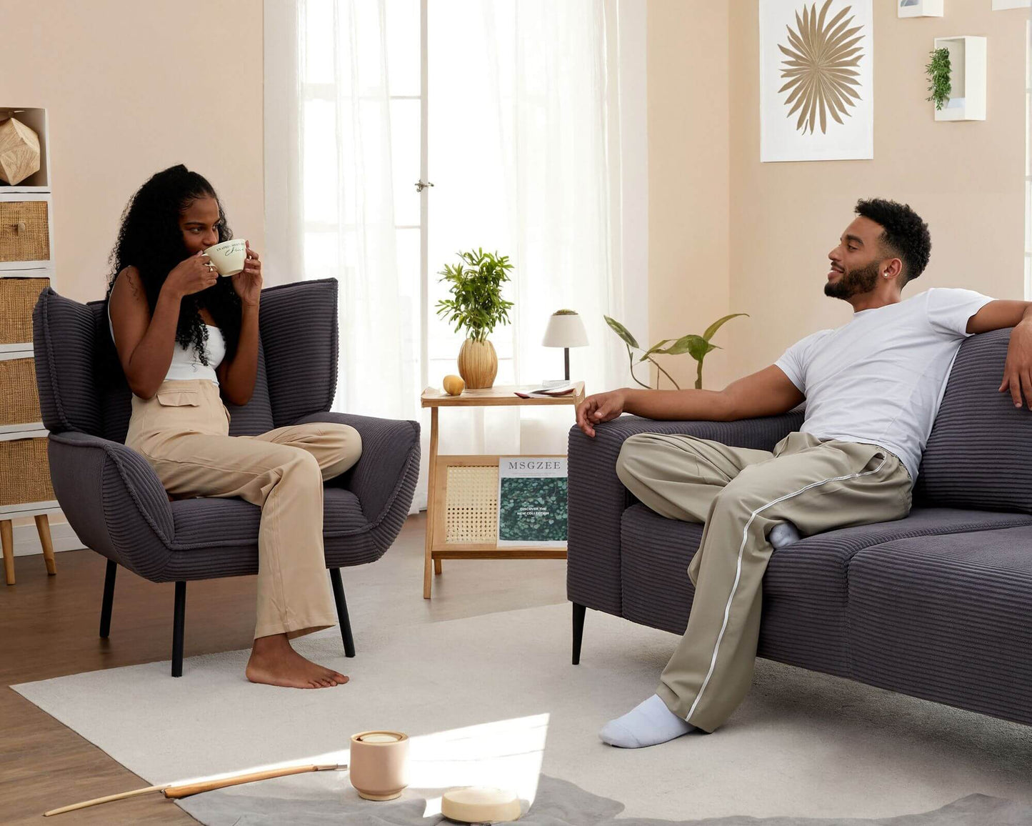 Grey Corduroy Sofa Set - 3 chairs